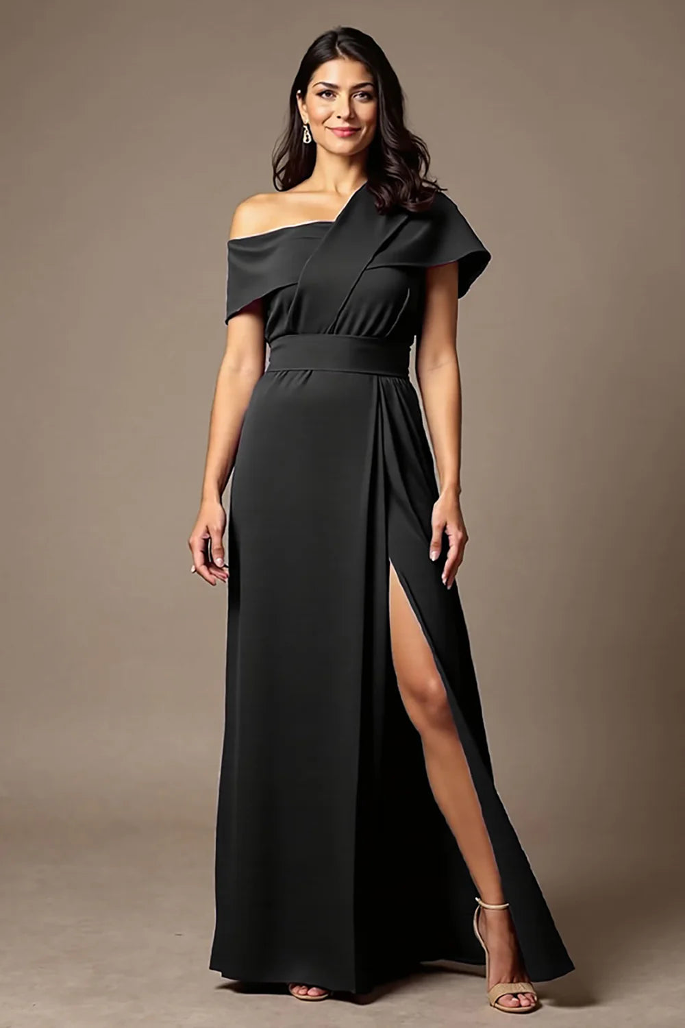 Black Satin Sheath Long Mother of the Bride Dress with Slit